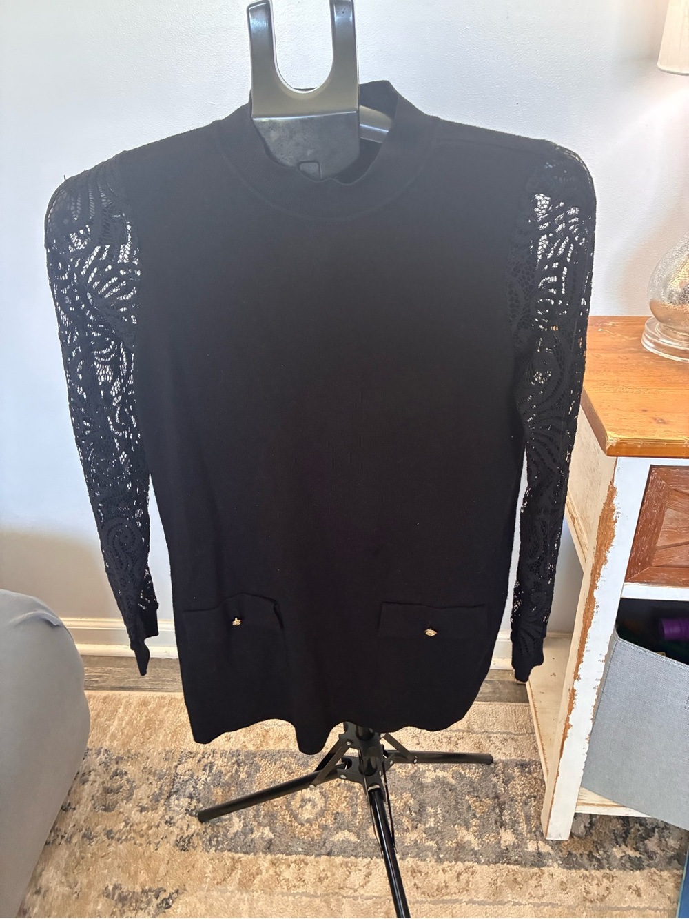 INC International Concepts Black Turtleneck Sweater with Lace Sleeves